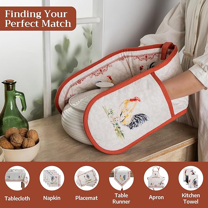 Maison d' Hermine Double Oven Mitts 100% Cotton 7"x35" Double Oven Mitt Heat Resistant BBQ Cooking Gloves with Loop Baking Grilling Gifts for Mothers Day Spring Summer (Campagne)
