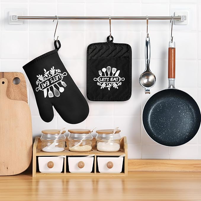 GROBRO7 6Pcs Cotton Oven Mitts Pot Holders Set Let's Eat Heat Resistant Hot Pads Machine Washable Microwave Gloves with Hanging Loop Pocket Potholder for Daily Kitchen Baking Cooking Grilling Black
