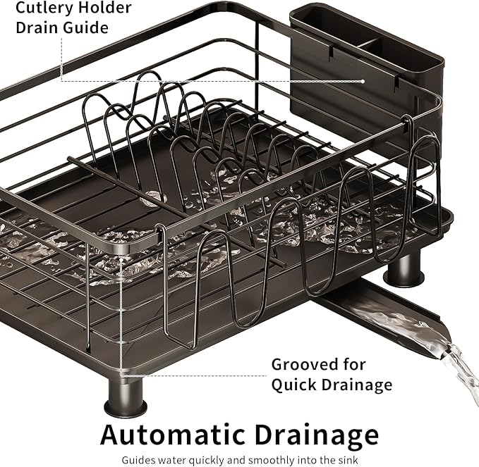 PureBox Dish Drying Rack, Rustproof Stainless Steel Kitchen Counter Organizer with Cup Holder, Utensil Caddy & Drainer Board, Space Saving, Black