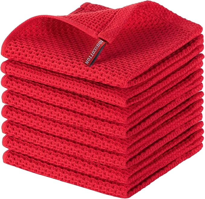 joybest Cotton Kitchen Dish Cloths, 8-Pack Waffle Weave Ultra Soft Absorbent Dish Towels Washcloths Quick Drying Dish Rags, 12x12 Inches, Red