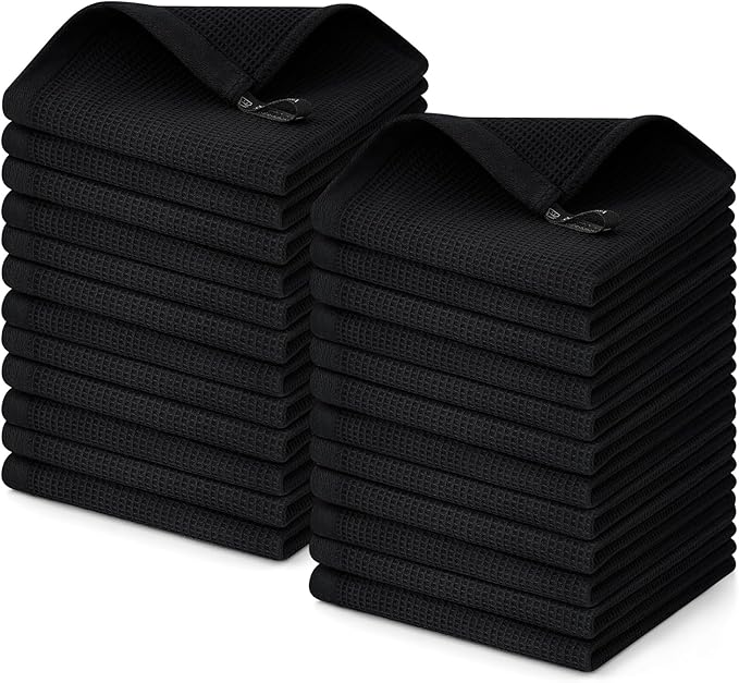 Homaxy 100% Cotton Waffle Weave Dish Cloths - 24 Pack Soft and Absorbent Dish Towels - 12 x 12 Inches Quick Dry Dish Rags - Black