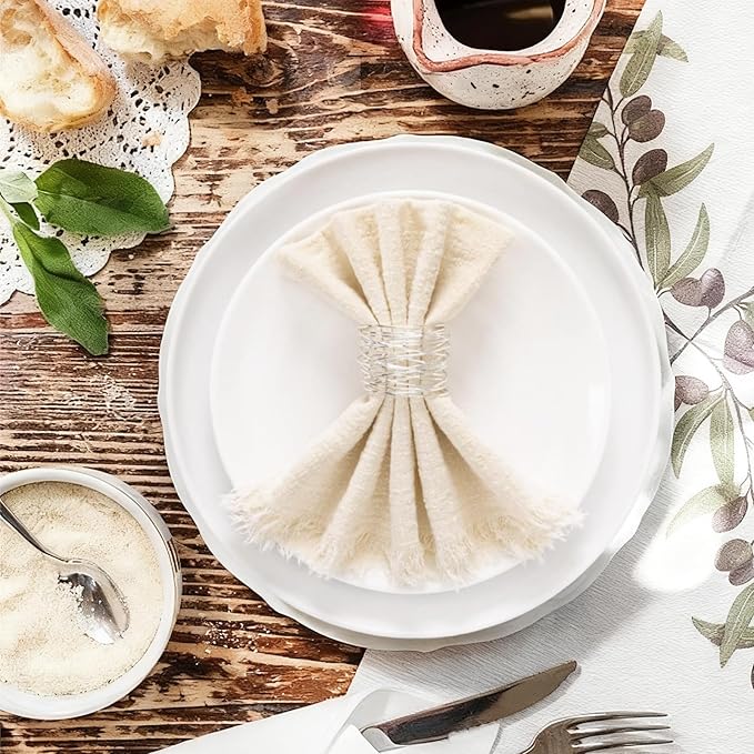 Cotton Blend Fringe Cloth Napkins - Crinkle Gauze Dinner Napkins, Reusable & Washable Table Napkins, 17" x 17" (43 x 43 cm), Multiple Colors, 12/24/48/100 Pack (12, Beige)