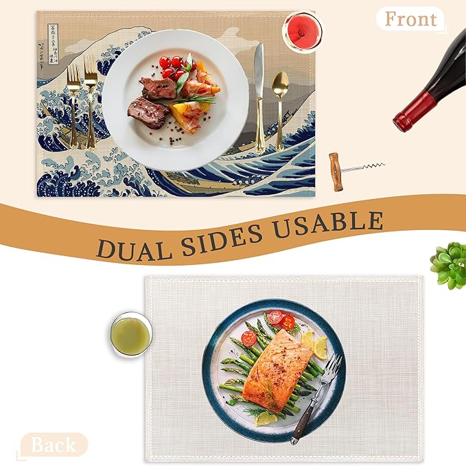 Japanese Style Waves Placemats Set of 6,Washable Heat Resistant 12×18 Inch Linen Table Mats,Place Mats for Party Outdoor Dining Décor