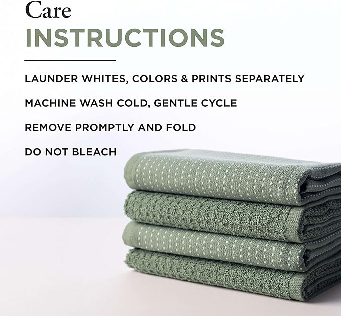 Thyme and Sage 100% Cotton Premium Turkish Kitchen Hand Towel Set, 16"x26", Ultra Absorbent, 350 GSM, Kale, Pack of 4