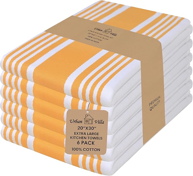 Urban Villa Kitchen Towels 100% Cotton Dish Towels for Kitchen(Set of 6)20”x30” Dish Cloths Highly Absorbent Kitchen Linen Set with Hanging Loop Perfect for Drying Dishes Cleaning Towels-Yellow White