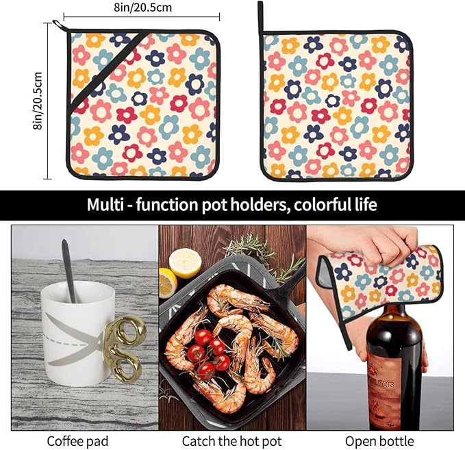 Colorful Daisy Pot Holders 2PCS, Pot Holder for Kitchen Heat Resistant Potholder for BBQ Cooking Baking,Food Hot Pat for Women Men Kitchen Wear(Vintage Hippie Groovy Flowers)