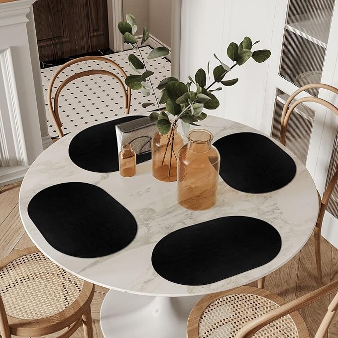 ADRIMER Placemats, Heat Resistant Oval Placemats Set of 6 Washable 12 x 17 Inch, Waterproof Table Mats, Wipeable Pu Place Mats for Kitchen, Dining Room, Black