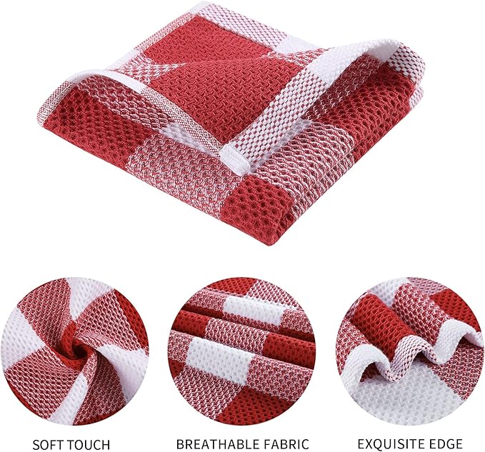 Mordimy 100% Cotton Waffle Weave Plaid Dish Cloths, 12 x 12 Inches, Super Soft and Absorbent Quick Drying Buffalo Check Dish Rags for Kitchen, 6-Pack, Red & White