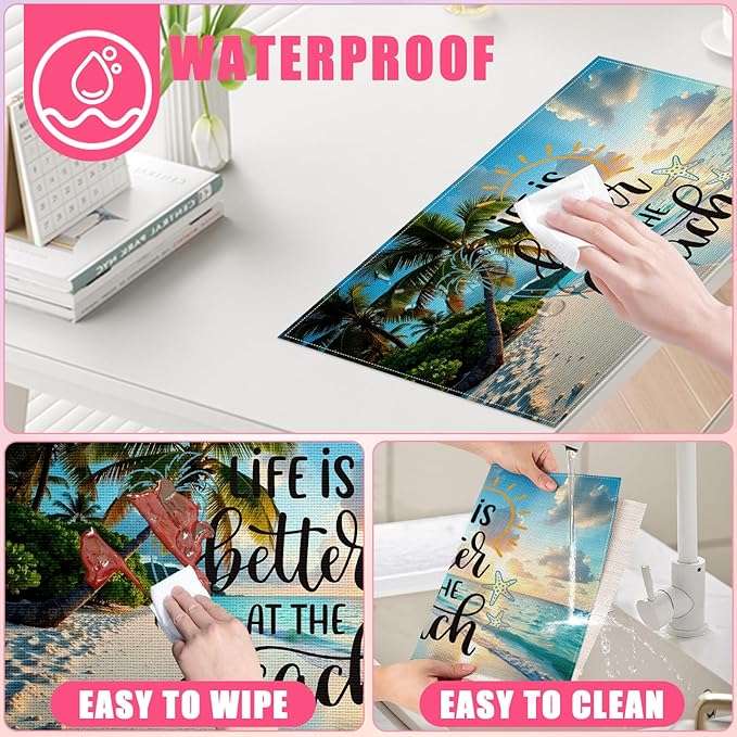 Sea Beach Palm Tree Placemats Set of 6,12x18 Inch Linen Place Mat Washable Stain Resistant Table Mats for Spring Summer Seasonal Farmhouse Kitchen Party Home Decor