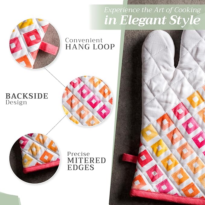 Maison d' Hermine 100% Cotton Oven Mitt & Pot Holder Set (7.5"x13" & 8"x8") Heat Resistant BBQ Cooking Gloves with Loop Baking Grilling Kitchen Gifts for Mothers Day Spring/Summer (Summer Maze)