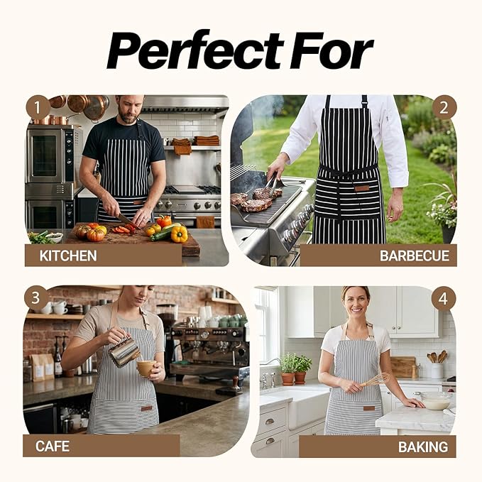 2Pack Adjustable Kitchen Apron for Women Men with 2 Pockets，Cotton-Polyester Blend Bib Aprons for Cooking,Baking