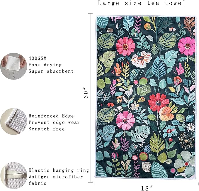 18” x 30” Highly Absorbent Kitchen Towels, Quick Dry Microfiber Tea Towel, Dish Towels for Kitchen Drying, Ultra Soft Premium Hand Towels (Floral 4 Pack)