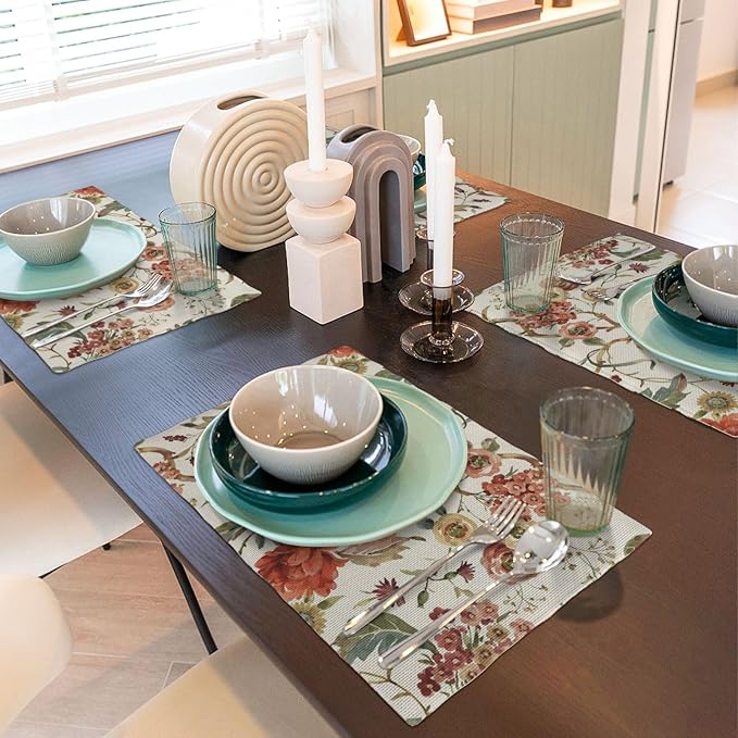 Boho Floral Placemats Set of 4 Vintage Watercolor Flower Decor Place Mats 12x18 Inch Retro Rustic Spring Seasonal Decorative Linen Table Mats for Home Kitchen Dining Party Table Decoration
