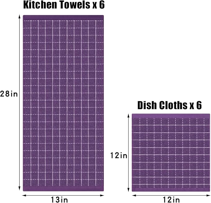 Homaxy Kitchen Towels and Dishcloths Set, 12 x 12 and 13 x 28 Inches, Set of 12 Bulk Cotton Terry Kitchen Towels Set, Checkered Designed, Soft and Super Absorbent Dish Towels, Purple