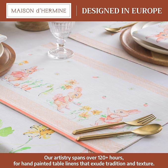 Maison d' Hermine Placemats Set of 4 100% Cotton Washable Cloth Place Mats Reusable Table Mats for Kitchen Dining Party Wedding Gifts for Mothers Day Spring/Summer (Bunny Party, 13" x 19")