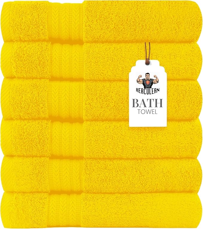 HERCULEAN Large Bath Towels 24 x 50 Pack of 6 | Quick Dry and Highly Absorbent | 100% Cotton Terry Towels for Bathroom - Perfect for Shower - Pool and Spa - Luxury Soft Towels - Lemon Yellow