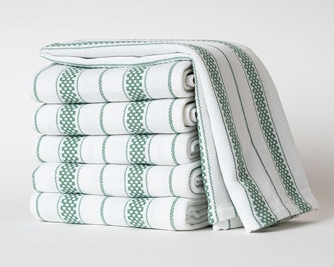 Kitchen Towels Set – Pack of 6 (20’’ x 30’’) Extra Large Premium Cotton Dish Towels for Kitchen – Chain Stripe Towels – Absorbent – 100% Cotton – with Hanging Loop – Green