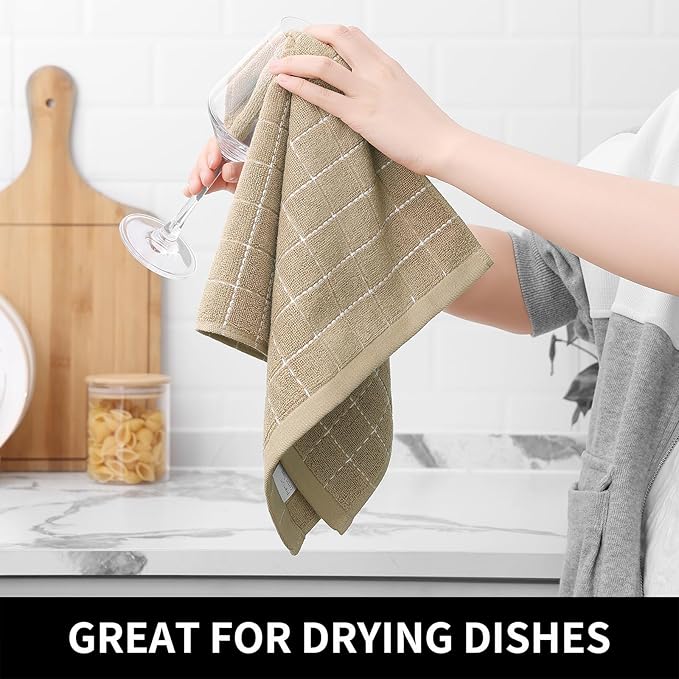 Homaxy Kitchen Towels and Dishcloths Set, 12 x 12 and 13 x 28 Inches, Set of 8 Bulk Cotton Terry Kitchen Towels Set, Checkered Designed, Soft and Super Absorbent Dish Towels, Tan