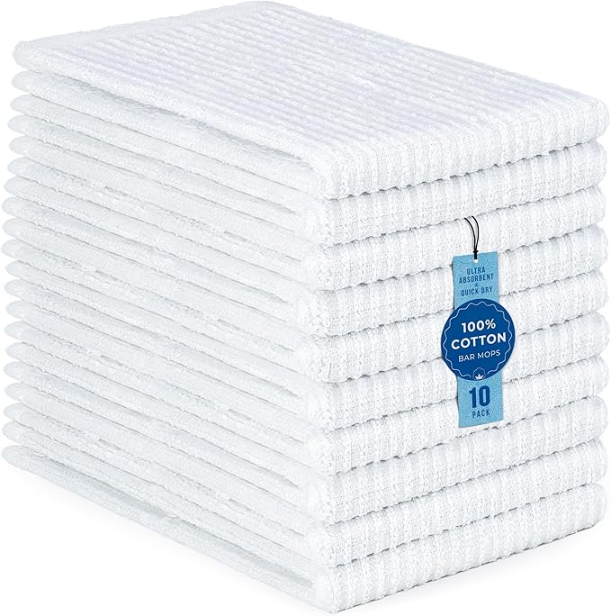 DecorRack 10 Pack 100% Cotton Cleaning Dish Towels for Kitchen, 16 x 19 inch, Ultra Absorbent Bar Mops, Heavy Duty, Quick Dry, Machine Washable Multi-Purpose Cleaning Cloths, White (10 Pack)