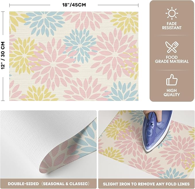 Artoid Mode Floral Vinyl Plastic Placemats Set of 4, 12x18 Inch Washable Non-Slip PVC Place Mats for Party Kitchen Dining Decor, Pink
