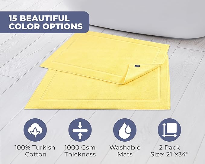 Hawmam Linen Yellow Bath Mats, 21 x 34 inches, Pack of 2-100% Ring Spun Cotton,[Not a Bathroom Rug] Banded Design, Highly Absorbent, Machine Washable for Bathroom Floor Towel