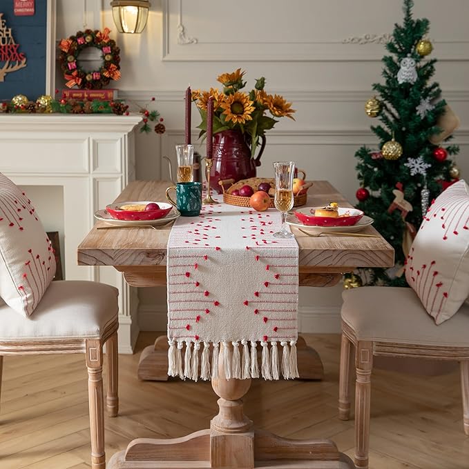 Christmas Table Runner 13 x 108 Inch Long Natural Cotton Woven Runner with Tassels for Home Dining Christmas Decorations, for Modern Farmhouse Holiday Boho Table Runner, Red and Beige