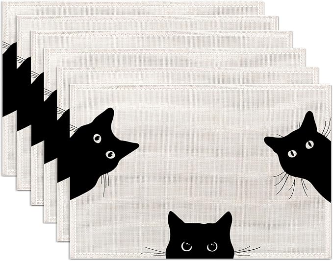 Black Cat Placemats Set of 6,Washable Heat Resistant 12×18 Inch Linen Table Mats Cute Place Mats for Party Outdoor Dining Décor