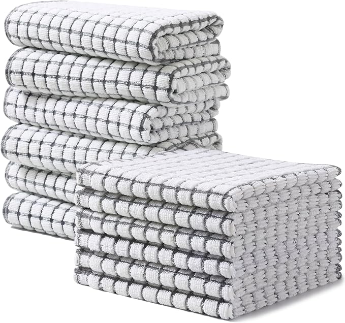 Homaxy Kitchen Towels and Dishcloths Set, 16 x 25 and 12 x 12 Inches, Set of 12 Cotton Terry Kitchen Dish Towels, Super Soft and Absorbent Dish Cloths, Grey