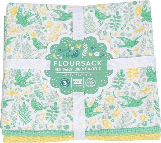 Now Designs Floursack Kitchen Towels Quick Dry Cotton Hand Towel Set, 3 Count, Meadowlark, 20 x 30 in