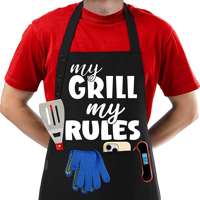 TOSHE Funny Apron Waterdrop Resistant Cotton Apron with adjustable Aprons for Women with Pockets 12 Color option Cooking (Black - My Grill My Rules)