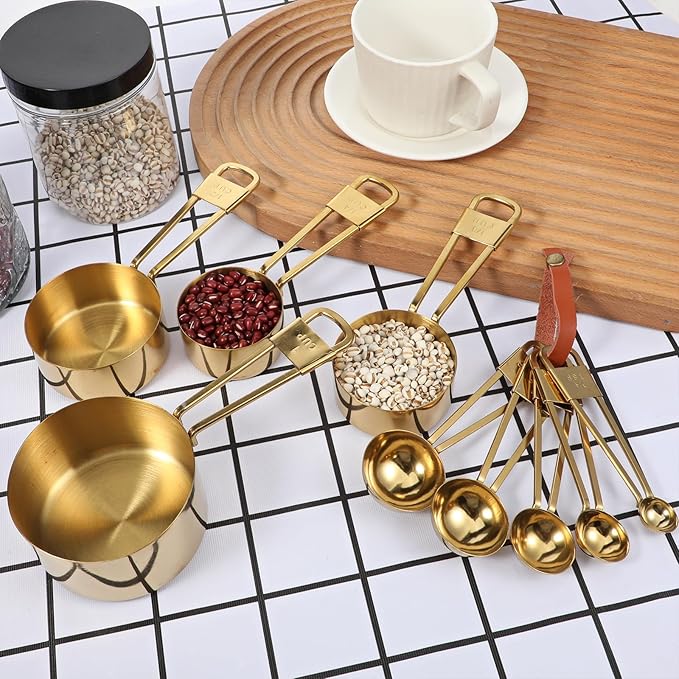 9 PCS GOLD Stainless Steel Measuring Cups and Spoons Set, Gold Nesting Design Teaspoon Stackable Cups and Spoons Heavy Duty Measuring Cup Set for Dry and Liquid Ingredients and Baking, Cooking(Golden)