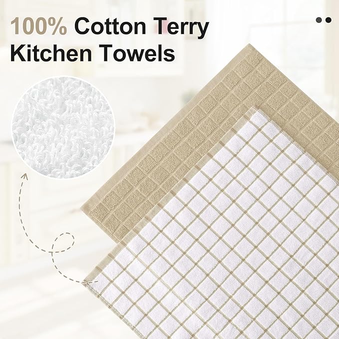 Homaxy Premium Cotton Kitchen Towels 16"x 28", Large Natural Ring Spun 390 GSM Dish Towels, Super Absorbent Terry Kitchen Hand Towels, Soft Tea Towels with Hanging Loop, Tan Check Design, 8 Pack