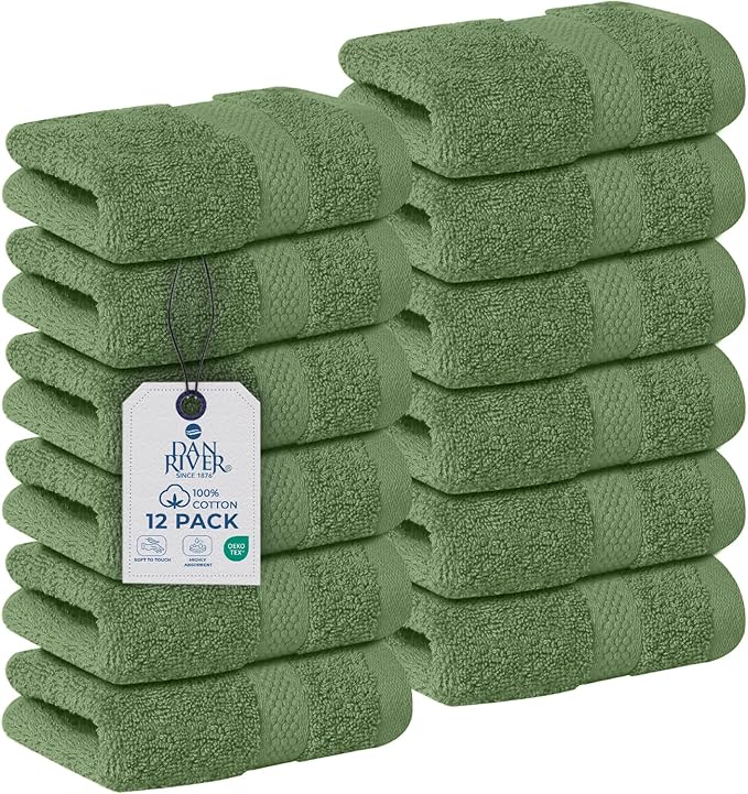 DAN RIVER 12-Pack Premium 100% Cotton Sage Green Face Towels for Bathroom - Reusable Face Wash Cloths for Showering 12x12 Inches - 550 GSM Super Soft & Absorbent Luxury WashCloths for Body, Spa & Gym