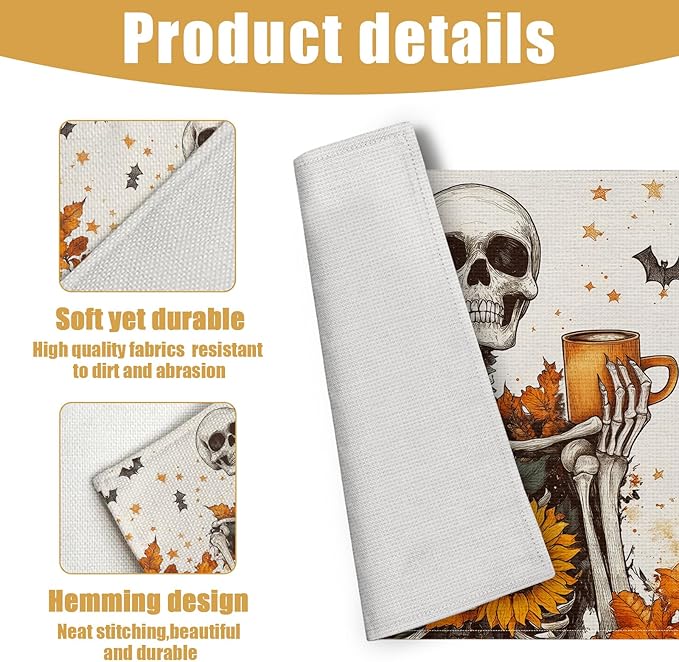 Fall Skull Sunflower Placemats Set of 6, Halloween Bat Linen Place Mat Washable Stain Resistant Table Mats for Farmhouse Kitchen Dining 12x18 Inch