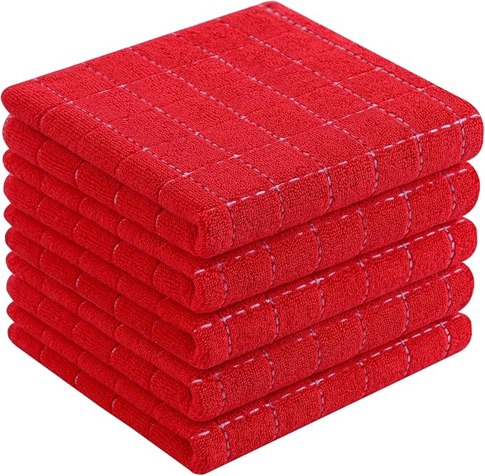 Homaxy 100% Cotton Terry Kitchen Towels(Red, 13 x 28 inches), Checkered Designed, Soft and Super Absorbent Dish Towels, 5 Pack