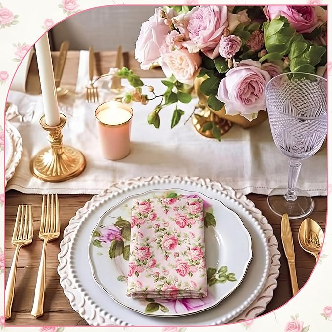 Floral Cloth Napkins 6 Patterns Washable Dinner Tea Party Napkins Reusable Plant Flowers Square Napkin Cotton Towel Decorative for Spring Wildflower Party(Pink Rose,12 Pcs)