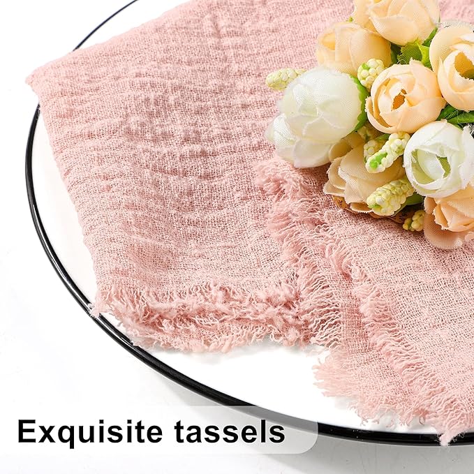 TURSTIN 12 Pieces Cotton Linen Cloth Napkin Handmade Cloth Napkin with Fringe 17 x 17 Inch Soft Dinner Wedding Napkins Square Rustic Fringe Table Napkins for Dinners, Parties, Weddings, Dusty Pink
