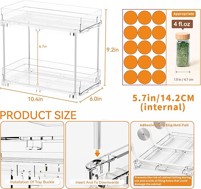 Yieach 2 Pack 2 Tier Vertical Spice Rack Pull Out,10.4'' Deep Narrow Slide Out Spice Rack Organizer for Inside Cabinets,Kitchen,Pantry,Cupboard Seasoning,Can,Jar Organizer and Medicine Cabinet Storage