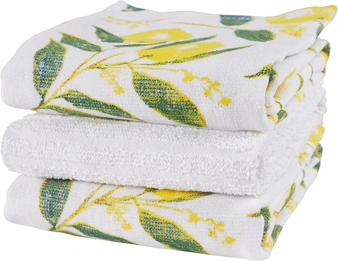 KAF Home Pantry Set of 3 Reverse Terry Print Kitchen Towels, Over-Sized 16 x 28-inch, 100 Percent Cotton (Lemons)