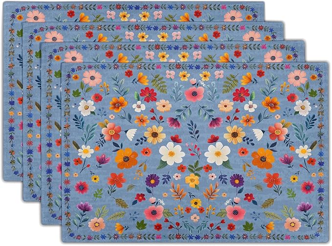 Blue Flowers Linen Placemats Set Spring Floral Table Mat for Women Kitchen Dining Decoration