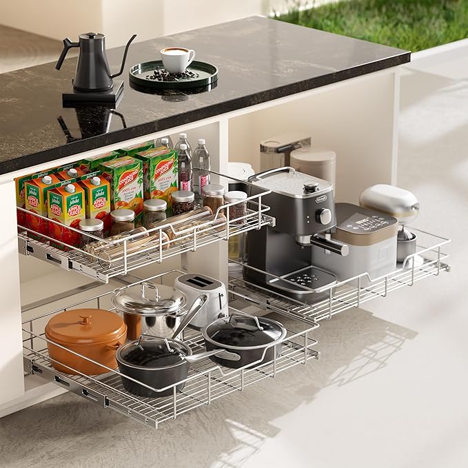 2 Tier Pull Out Cabinet Organizer 11" W X 17" D, Slide Out Drawers for Kitchen Cabinets, Pull Out Drawers for Cabinets Capacity Heavy Duty Caddy, Cabinet Pullout Shelves Chrome-Plated,Bathroom Pantry