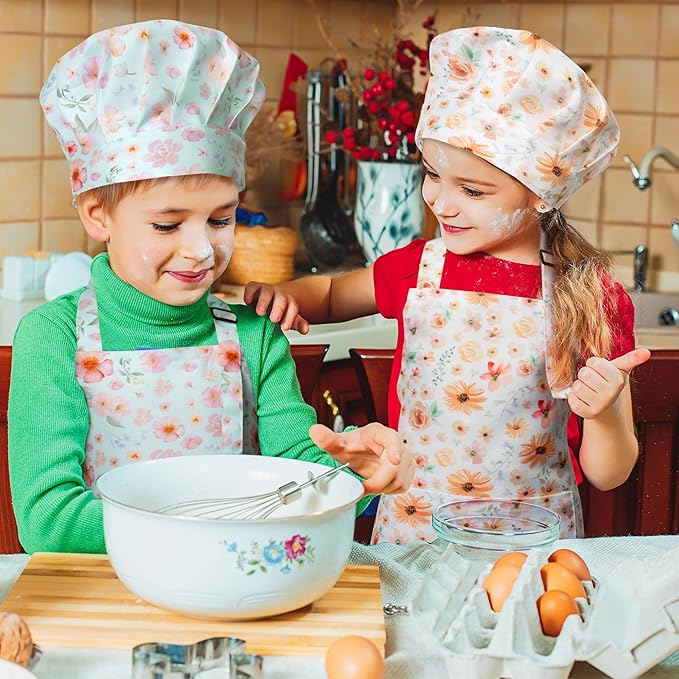 GROBRO7 4Pcs Kids Apron and Chef Hat Set Gift for Girls, Floral Print Adjustable Kitchen Cooking Child Aprons with 2 Pockets Waterproof Smocks for Baking Painting Crafting