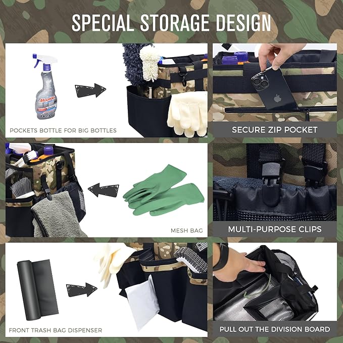 SCAVATA Wearable Cleaning Caddy Organizer with Handle & Shoulder Straps for Housekeepers, Under Sink & Car Cleaning Tool Organizer Bag with 4 Foldable Dividers (Camouflage)