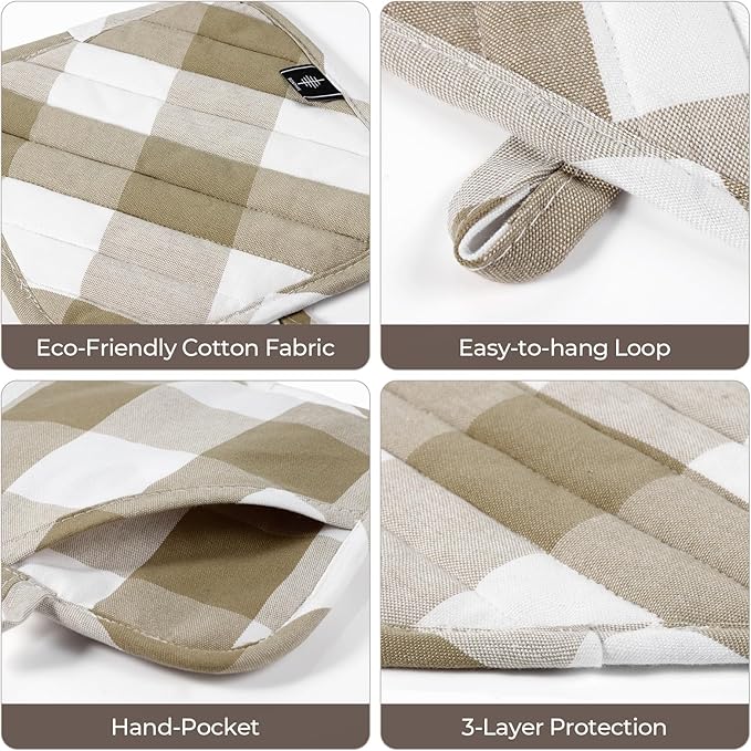 Cotton Pot Holders for Kitchen Heat Resistant Potholder, Hot Pads, Trivet Coaster Non-Slip Potholders Set for Cooking and Baking (2, Light Brown Plaid, Square，8.27 in²)