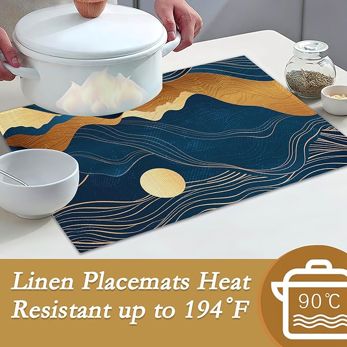 Mountains Sun Nature Scenery Placemats Set of 6, 12x18 Inch Waterproof Stain Resistant Linen Table Placemats Summer Seasonal Farmhouse Kitchen Party Decor Home Decor