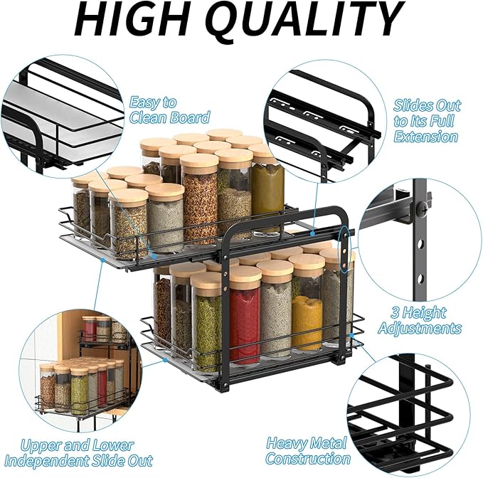 BOIVSHI 2-Tier Spice Rack, Pull Out Spice Racks Organizer for Cabinet, Height Adjustable Heavy Duty Metal Basket for Inside Cabinets & Pantry Closet (7.5''Wx10.5''Dx9.5''H)