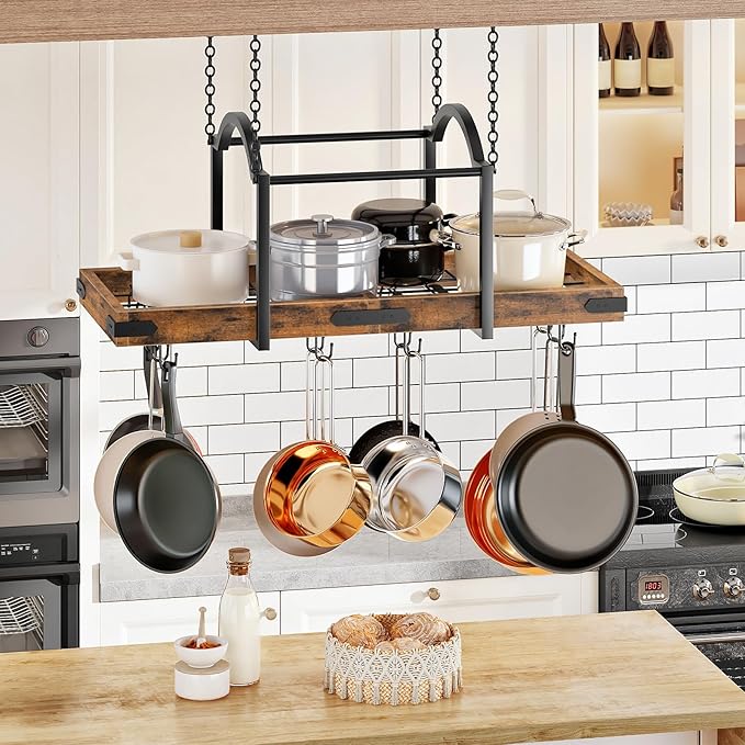 HOOBRO Hanging Pot Rack, 32-Inch Pot Hanger for Kitchen, Hanging Pan Rack with 10 Detachable S Hooks, Sturdy Metal Fram, for Pot, Pan Storage, Space-Saving, Rustic Brown and Black BF80TL01