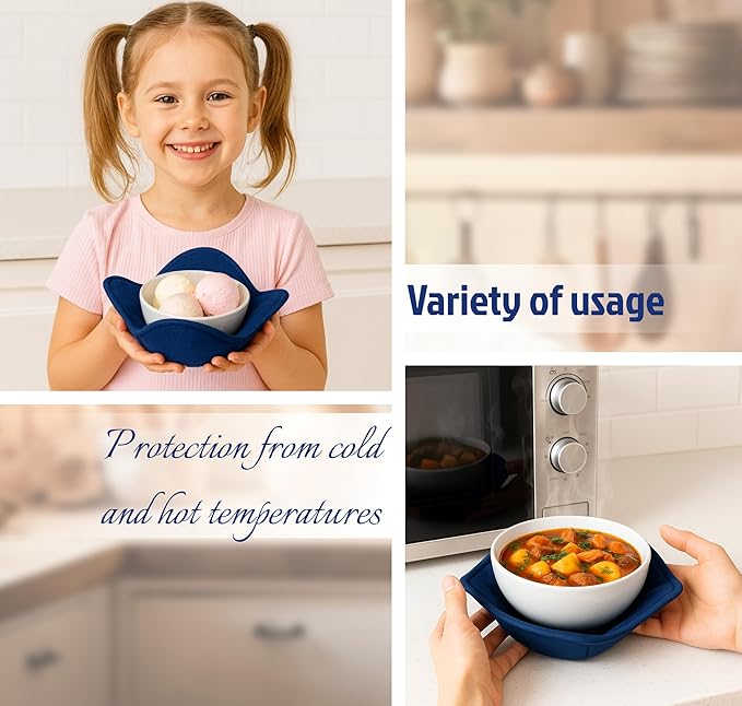 Set 2X Dark Blue 7" sq. x 4"H Microwave Polyester Bowl Holder Potholders - Microwavable Soup Bowls Cozy - Hot Pads Holders for Hot Food Quilted - Bowl Cozies for Microwave Kitchen Accessories, Gadgets