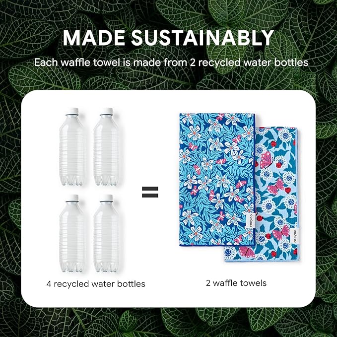 RECYCO Waffle Kitchen Towel Set of 2 - Quick Dry Microfiber Sustainable Dish Towels - Absorbent Reusable Cleaning Tea Towels - Lightweight Hand Towels,16”x 28”, Cloud Blue