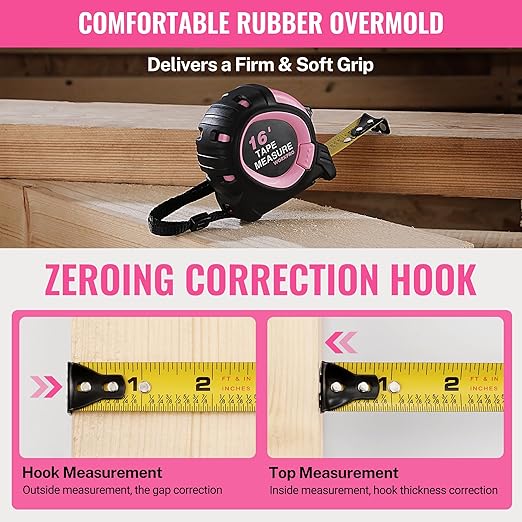 WORKPRO 16-FT Tape Measure with Fractions, 3 Brakes Retractable Measuring Tape, Compact Measurement Tape with Magnetic Hook, Nylon Coating Blade Accuracy 1/32”, Pink